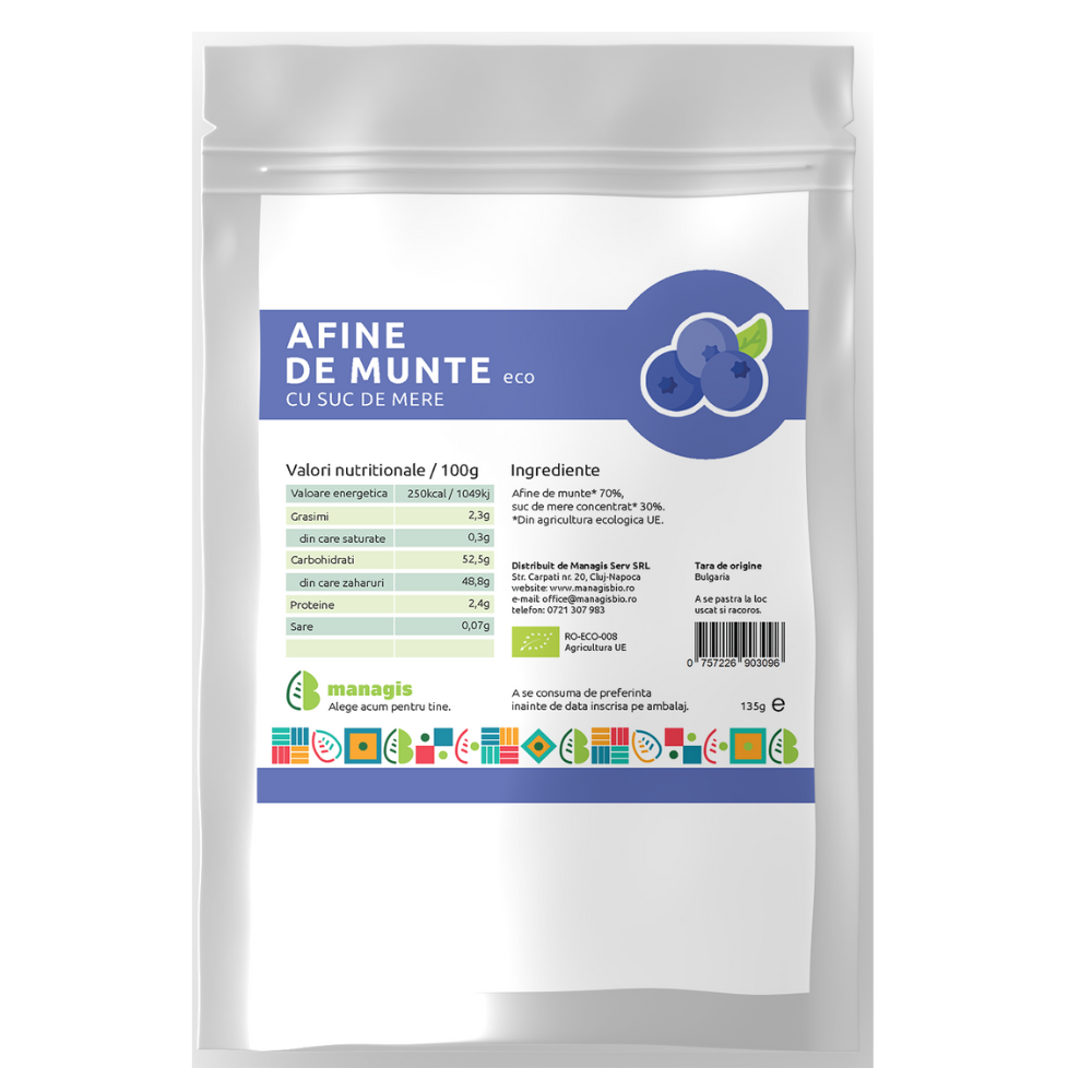 Afine de munte Bio cu suc de mere, 135 g, Managis