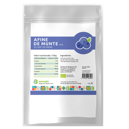 Afine de munte Bio cu suc de mere, 135 g, Managis