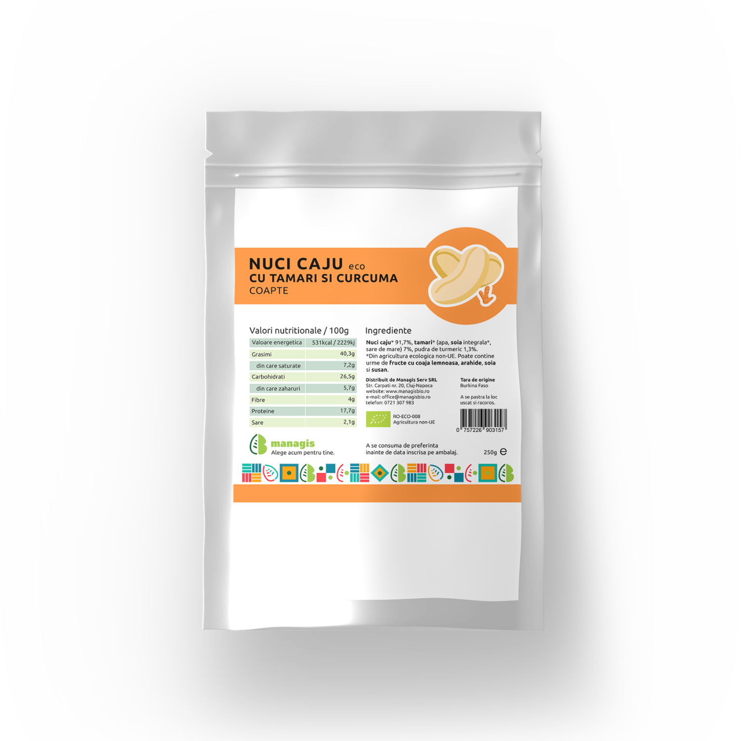 Nuci caju Bio cu Tamari si Curcuma, 250 g, Managis