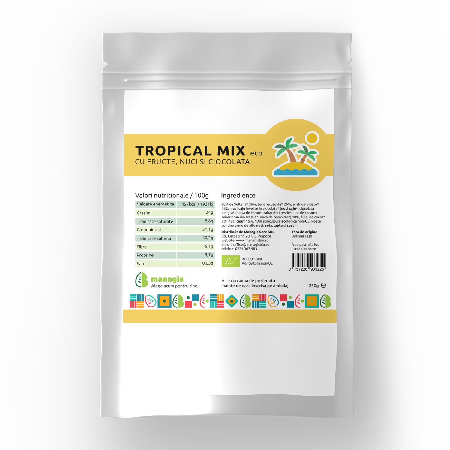 Mix bio de fructe, nuci si ciocolata Tropical, 250 g, Managis