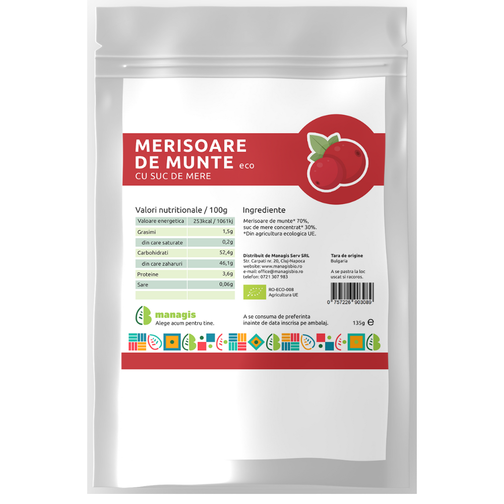 Merisoare de munte Bio cu suc de mere, 135 g, Managis