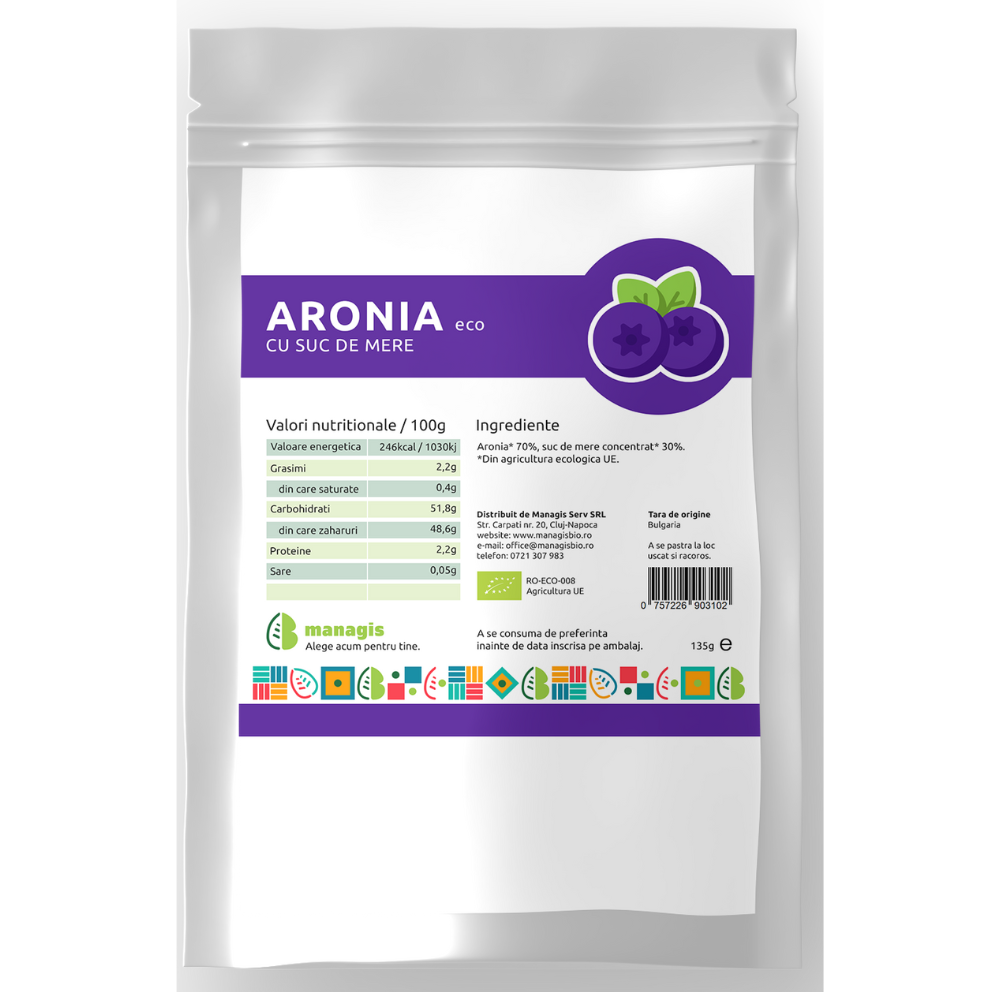 Aronia Bio cu suc de mere, 135 g, Managis