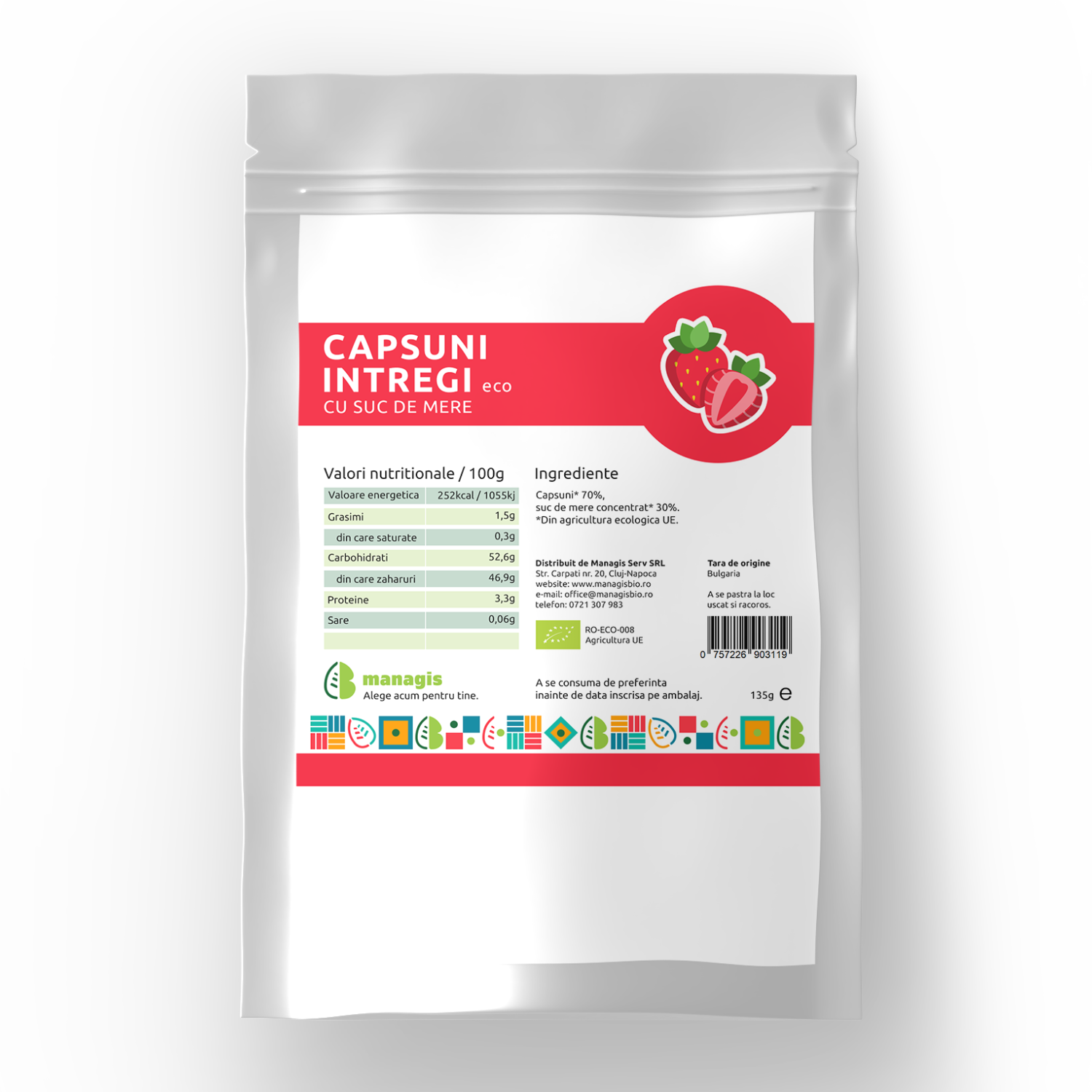 Capsune intregi Bio cu suc de mere, 135 g, Managis