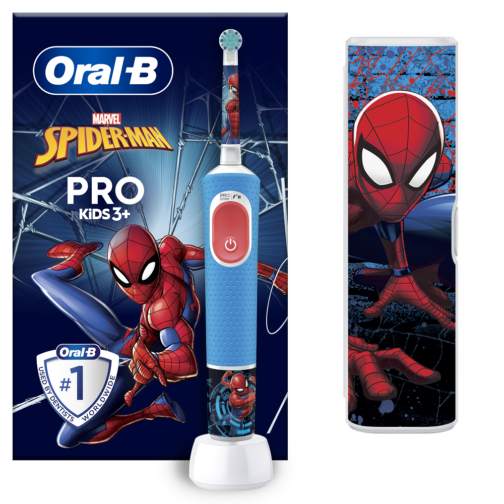 Periuta de dinti electrica si trusa de calatorie Pro Kids, +3 ani, Spider Man, Oral B