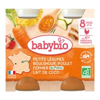 Piure Eco de Legume cu Bulgur, Pui si Crema de Cocos, +8 luni, 2x200 g, BabyBio