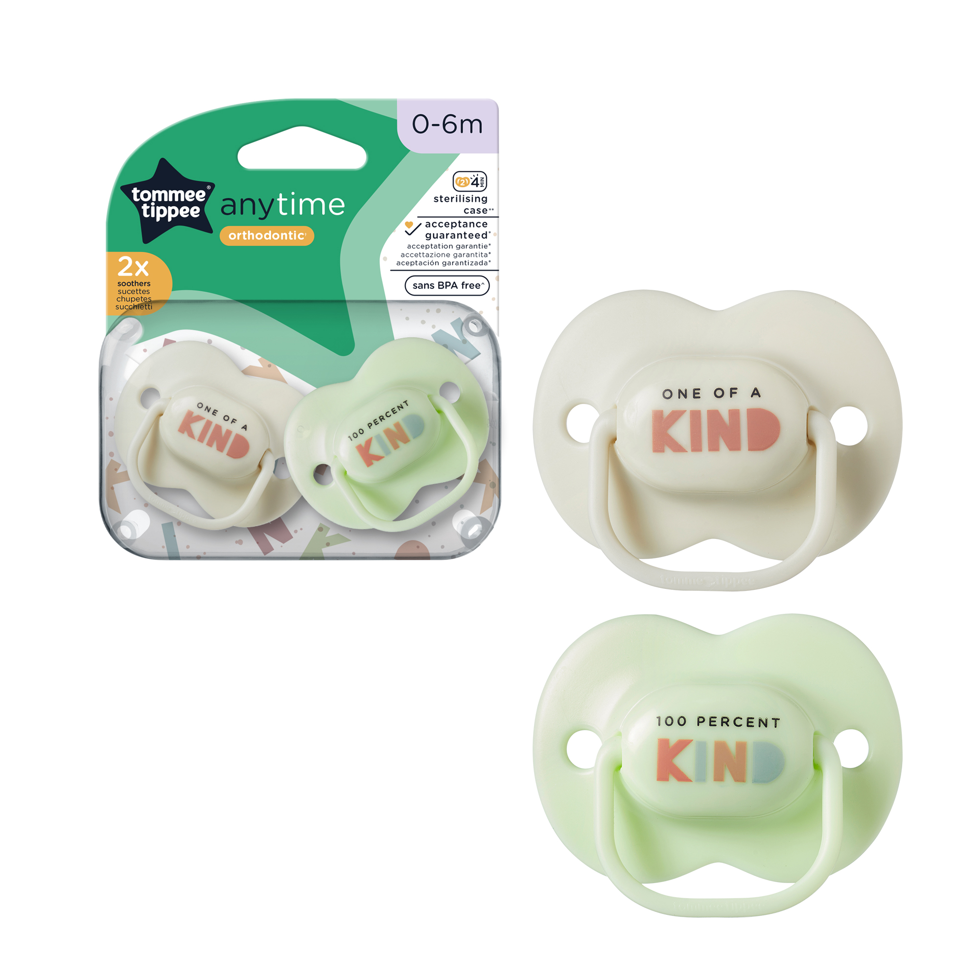 Suzete ortodontice Anytime, 0-6 luni, Alb / Verde, 2 bucati, Tommee Tippee