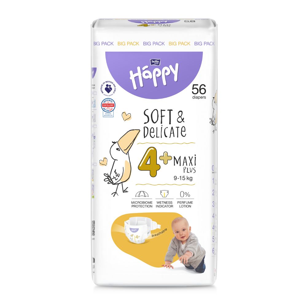 Scutece Maxi Plus Soft and Delicate, Nr 4+, 9-15 Kg, 56 bucati, Happy