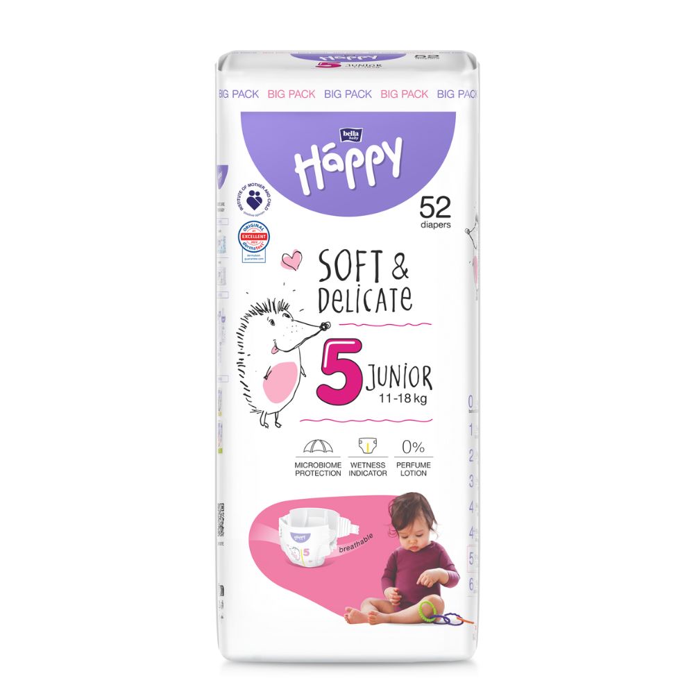 Scutece Junior Soft and Delicate, Nr. 5, 11-18 Kg, 52 bucati, Happy