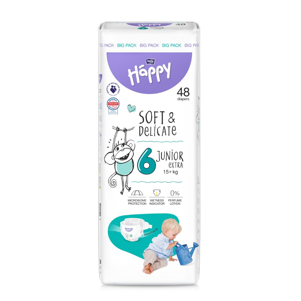 Scutece Junior Extra Soft and Delicate, Nr 6, +15kg, 48 bucati, Happy