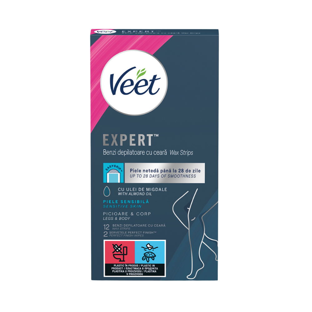 Benzi depilatoare cu ceara rece pentru piele sensibila Expert, 12 benzi, Veet