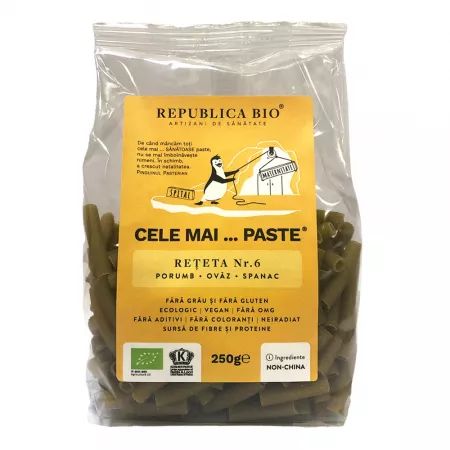 Paste Bio din porumb, ovaz si spanac Reteta nr. 6 Cele mai paste, 250 g, Republica Bio