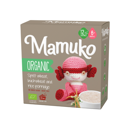 MAMUKO PORRIDGE DIN 3 CEREALE SPELTA, HRISCA SI OREZ BIO FARA ZAHAR 6+ LUNI 200G BIO*