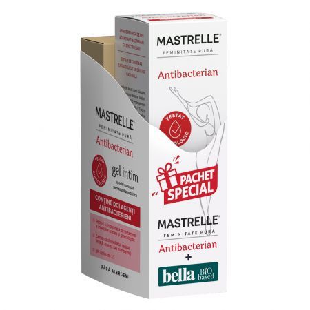 Pachet Mastrelle gel intim antibacterian, 200 ml + Absorbante igienice Bella Bio based normal, 28 bucati, Fiterman