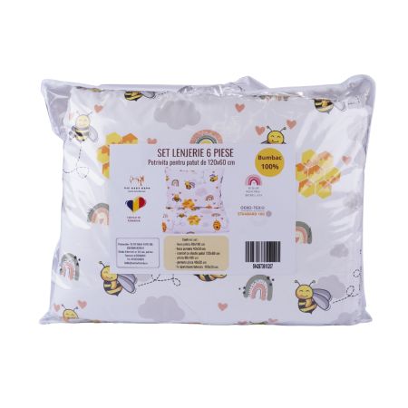 Lenjerie pentru patut cu 6 piese, 120 x 60 cm, model Albinute, Fic Baby 763829