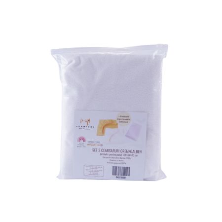 Set 2 cearceafuri pentru patut + Protectie impermeabila, 120x60 cm, Galben/Crem, Fic Baby 764346