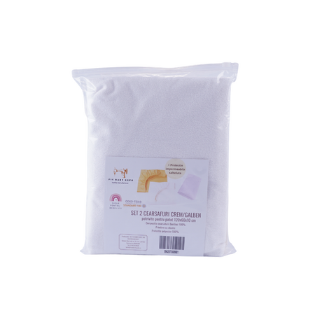 Set 2 cearceafuri pentru patut + Protectie impermeabila, 120x60 cm, Galben/Crem, Fic Baby 764346