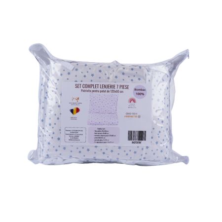 Set complet de lenjerie si aparatori pentru patut, 120 x 60 cm, model Stelute Bleu, Fic Baby 764040