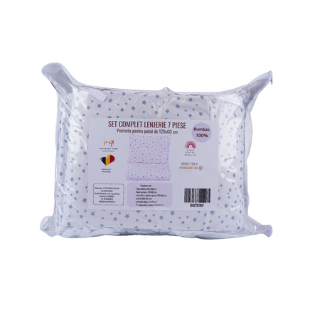 Set complet de lenjerie si aparatori pentru patut, 120 x 60 cm, model Stelute Bleu, Fic Baby 764040