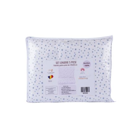 Lenjerie pentru patut cu 5 piese, 120 x 60 cm, model Stelute Bleu, Fic Baby 763812