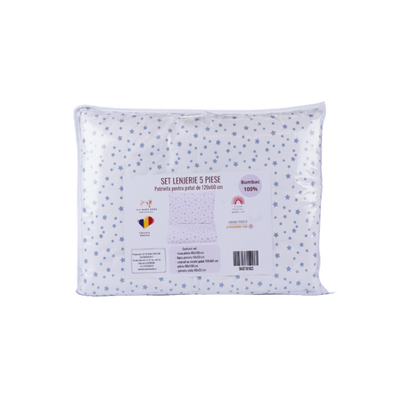 Lenjerie pentru patut cu 5 piese, 120 x 60 cm, model Stelute Bleu, Fic Baby 763812