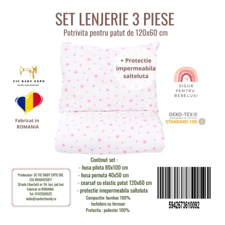 Set lenjerie cu 3 piese pentru patut + protetectie impermeabila, 120x60 cm, Stelute Roz, Fic Baby 763757
