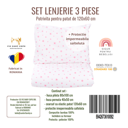 Set lenjerie cu 3 piese pentru patut + protetectie impermeabila, 120x60 cm, Stelute Roz, Fic Baby 763757