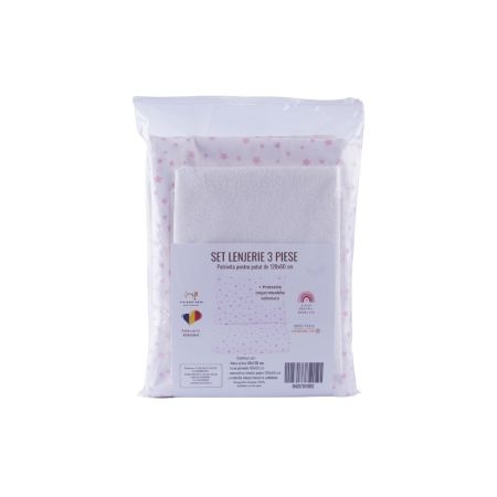 Set lenjerie cu 3 piese pentru patut + protetectie impermeabila, 120x60 cm, Stelute Roz, Fic Baby 763755