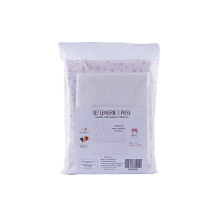 Set lenjerie cu 3 piese pentru patut + protetectie impermeabila, 120x60 cm, Stelute Roz, Fic Baby 763755