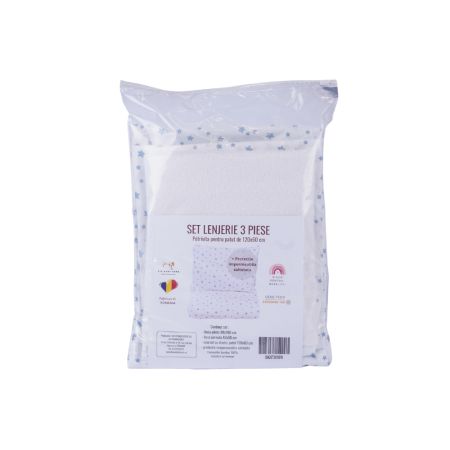 Set lenjerie pentru patut 3 piese + protetectie impermeabila, 120x60 cm, Stelute Bleu, Fic Baby 763750