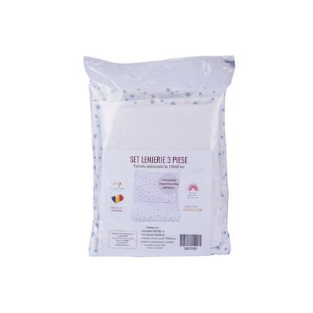 Set lenjerie pentru patut 3 piese + protetectie impermeabila, 120x60 cm, Stelute Bleu, Fic Baby 763750