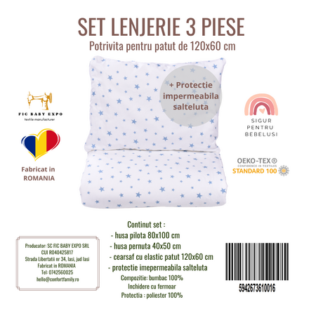 Set lenjerie pentru patut 3 piese + protetectie impermeabila, 120x60 cm, Stelute Bleu, Fic Baby 763752