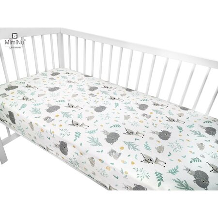 Cearceaf din bumbac cu elastic pentru patut, 120x60 cm, Forest Friends Grey - Mint, MimiNu 575932
