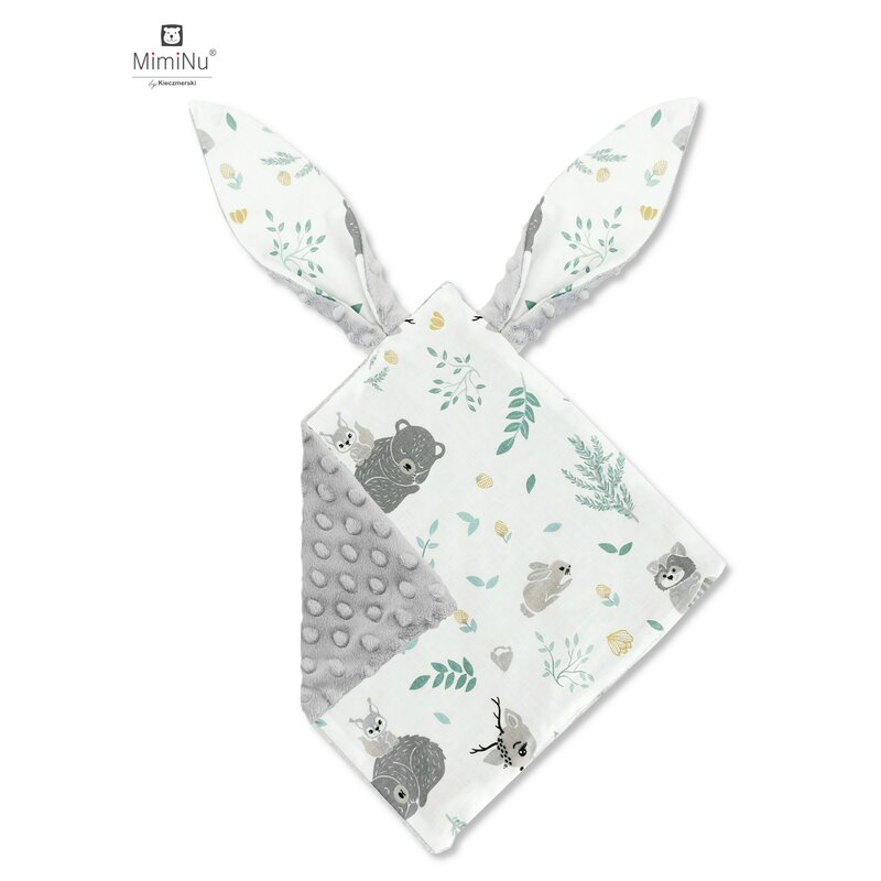 Jucarie textula senzoriala cu doua fete, 30x30 cm, Minky Forest Friends Grey-Mint, MimiNu