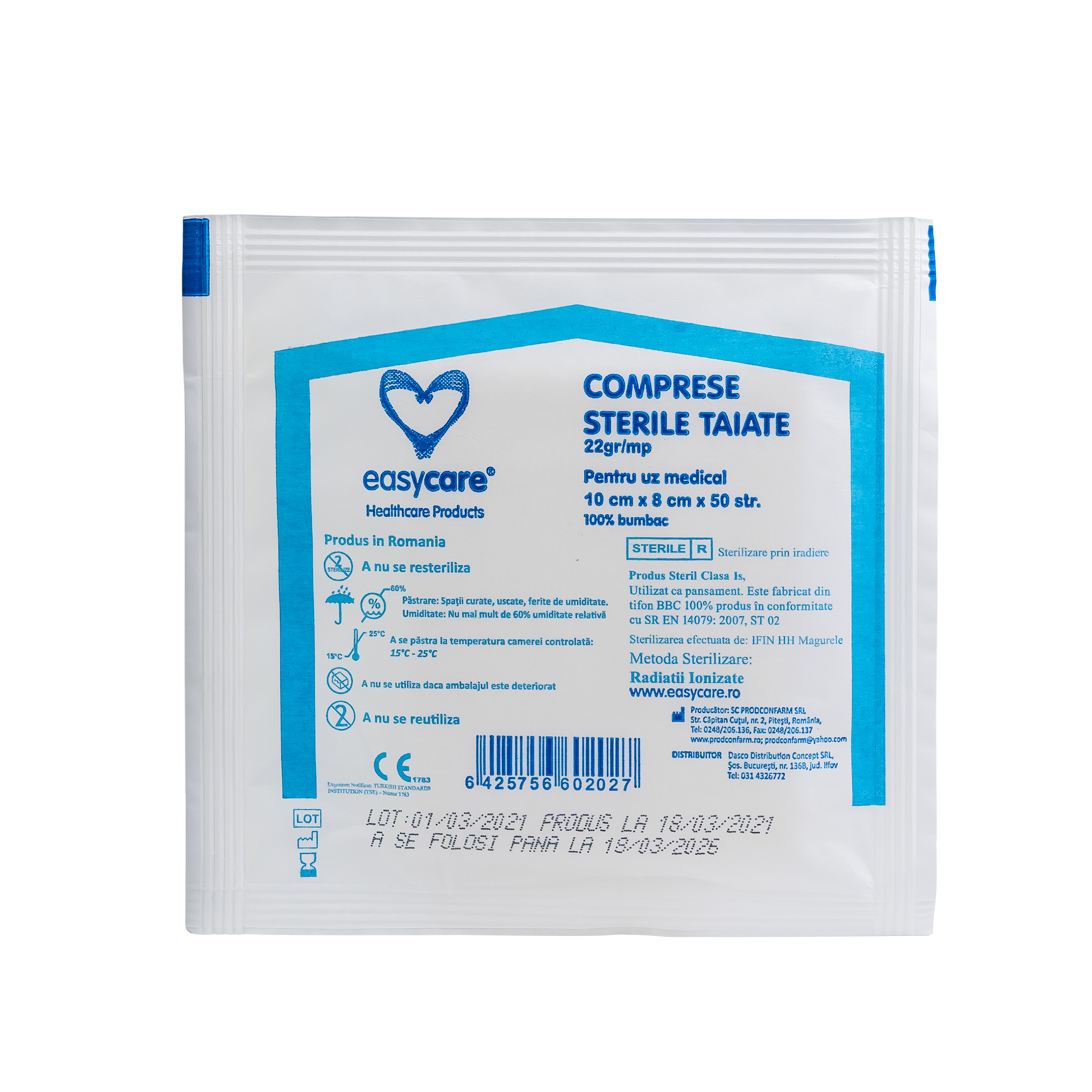 Comprese sterile din tifon, bumbac 100% taiate, 22gr/mp, 10 x 8cm, 50 str/plic, Easycare