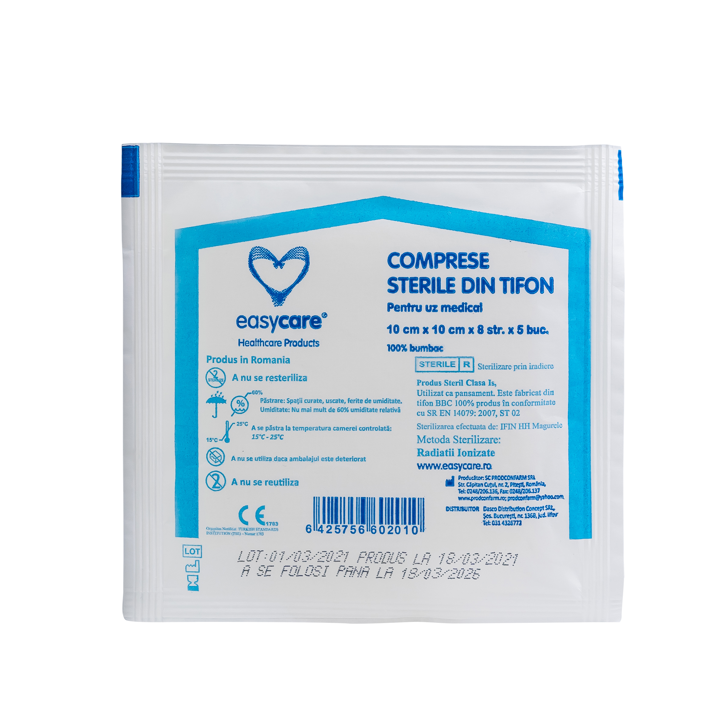 Comprese sterile pliate din tifon, 10 x 10cm, 8 pliuri x 5/ plic, Easycare