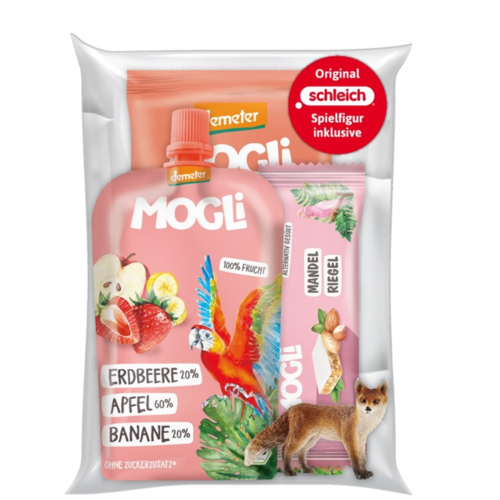 Pachet Sticks Bio cu musli 75 g + Baton migdale Bio 25 g + Piure Bio mere-banane-capsuni 120 g, Mogli