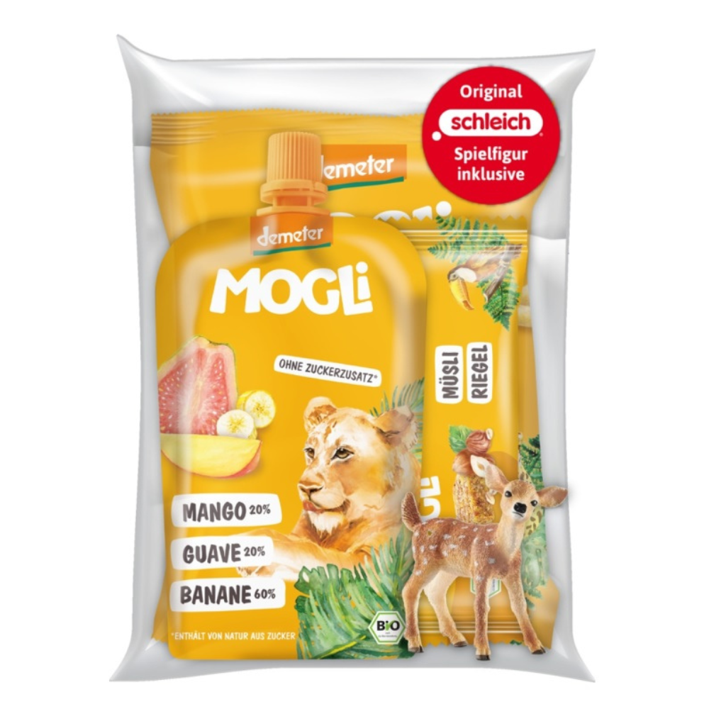 Pachet  Sticks Bio cu branza 75 g + Baton cereale crocant Bio 25 g + Piure Bio banane-guava-mango 120 g, Mogli