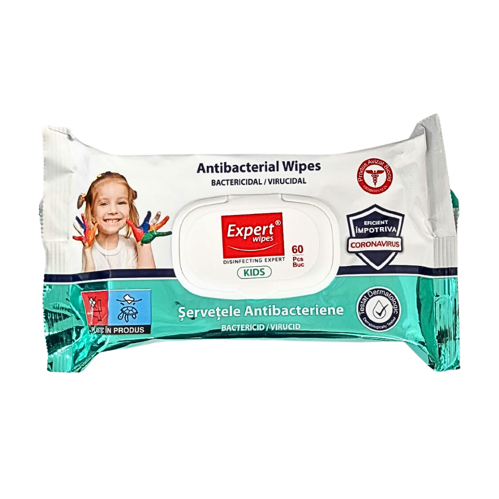 Servetele umede antibacteriene pentru copii, 60 buc, Expert Wipes