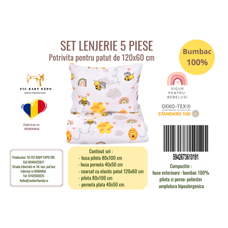Lenjerie pentru patut cu 5 piese, 120 x 60 cm, model Albinute, Fic Baby 763761