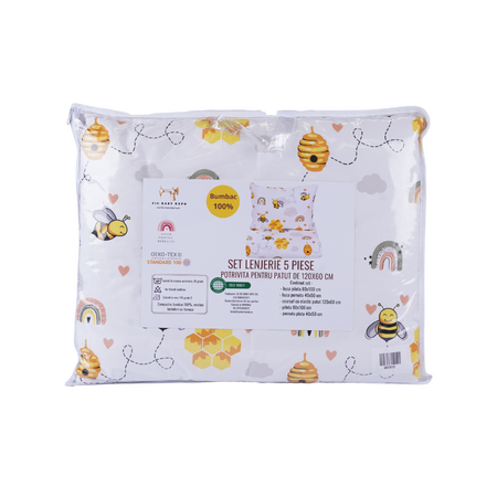 Lenjerie pentru patut cu 5 piese, 120 x 60 cm, model Albinute, Fic Baby 763759