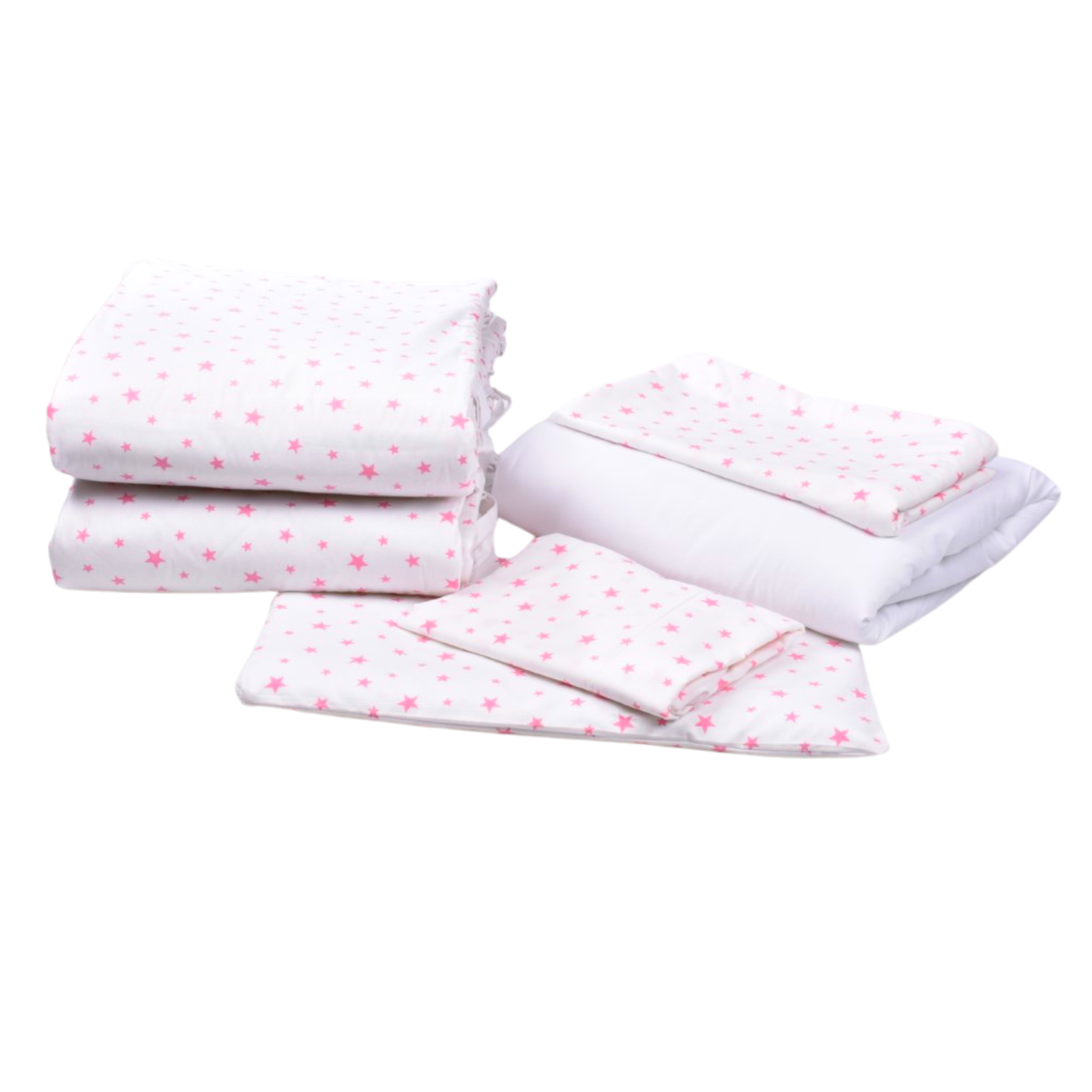 Set complet de lenjerie si aparatori pentru patut, 120 x 60 cm, model Stelute Roz, Fic Baby