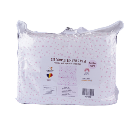 Set complet de lenjerie si aparatori pentru patut, 120 x 60 cm, model Stelute Roz, Fic Baby 764045