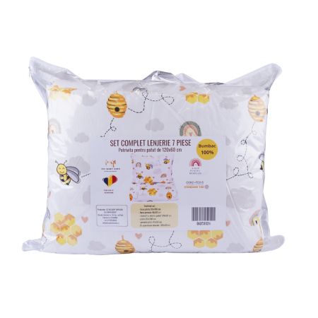 Set complet de lenjerie si aparatori pentru patut, 120 x 60 cm, model Albinute, Fic Baby 763899