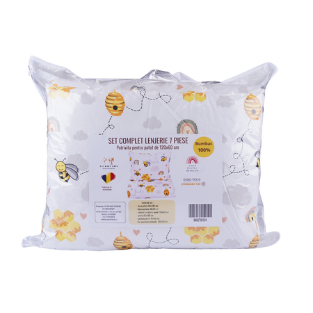 Set complet de lenjerie si aparatori pentru patut, 120 x 60 cm, model Albinute, Fic Baby 763899