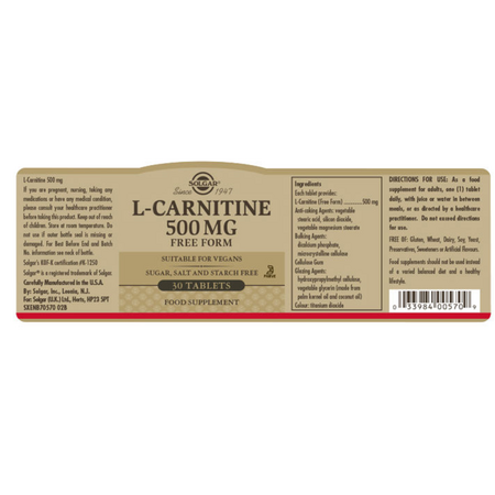L- Carnitine, 500 mg, 30 tablete, Solgar 576468