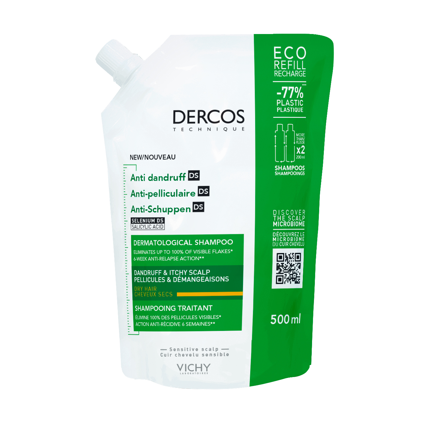 Rezerva eco sampon anti-matreata pentru par normal-uscat Dercos, 500 ml, Vichy