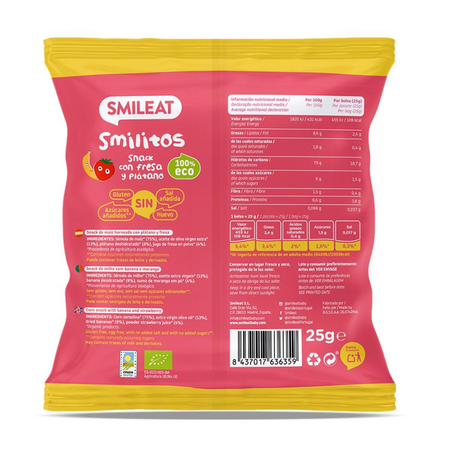 Pufuleti Smilitos Bio cu ulei de masline, banane si capsuni, +6 luni, 25 g, Smileat 577430