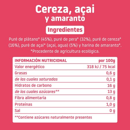 Piure Bio din cirese, acai si amaranth, +6 luni, 100 g, Smileat 660615