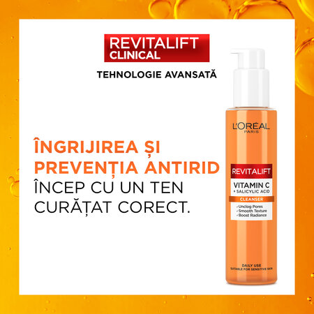 Gel de curatare spumant imbogatit cu Vitamina C si Acid Salicilic Revitalift Clinical, 150 ml, Loreal Paris 578094