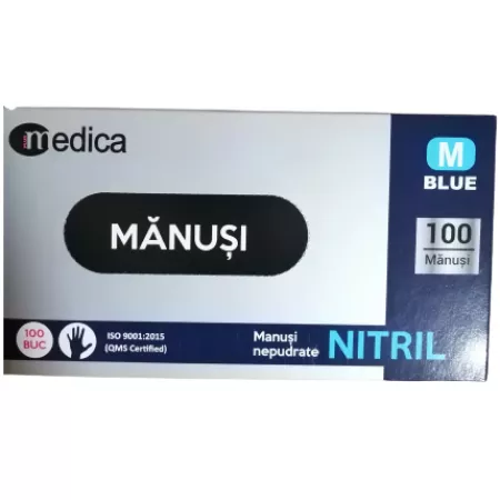 Manusi nepudrate din nitril pentru examinare, Marimea M, albastre, 100 bucati, Medica